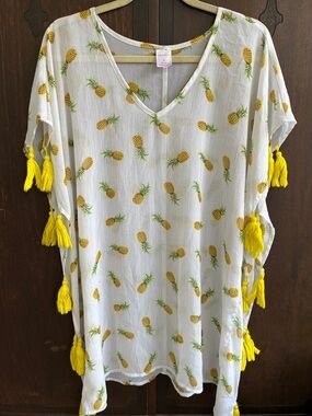 Xhilaration White Pineapple Print  Tunic Beach Cover with Yellow Tassels Sz M